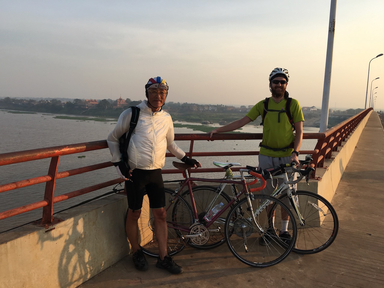 Crossing the 981m Prek Kdam Bridge (2010) over Tonlé Sap River.