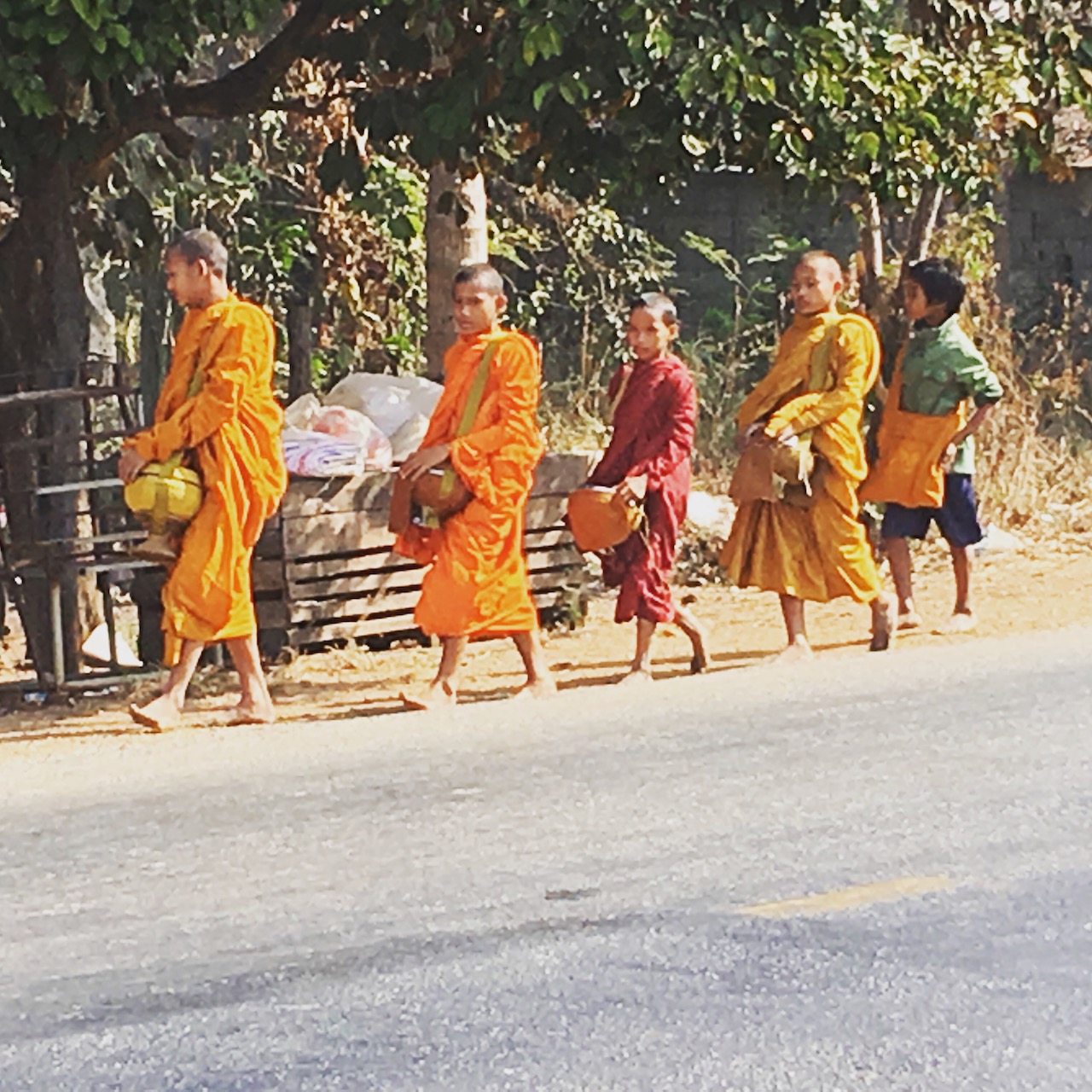 Collecting alms in the morning. Many boys are temporarily ordained and serve as monks, usually less than a year.