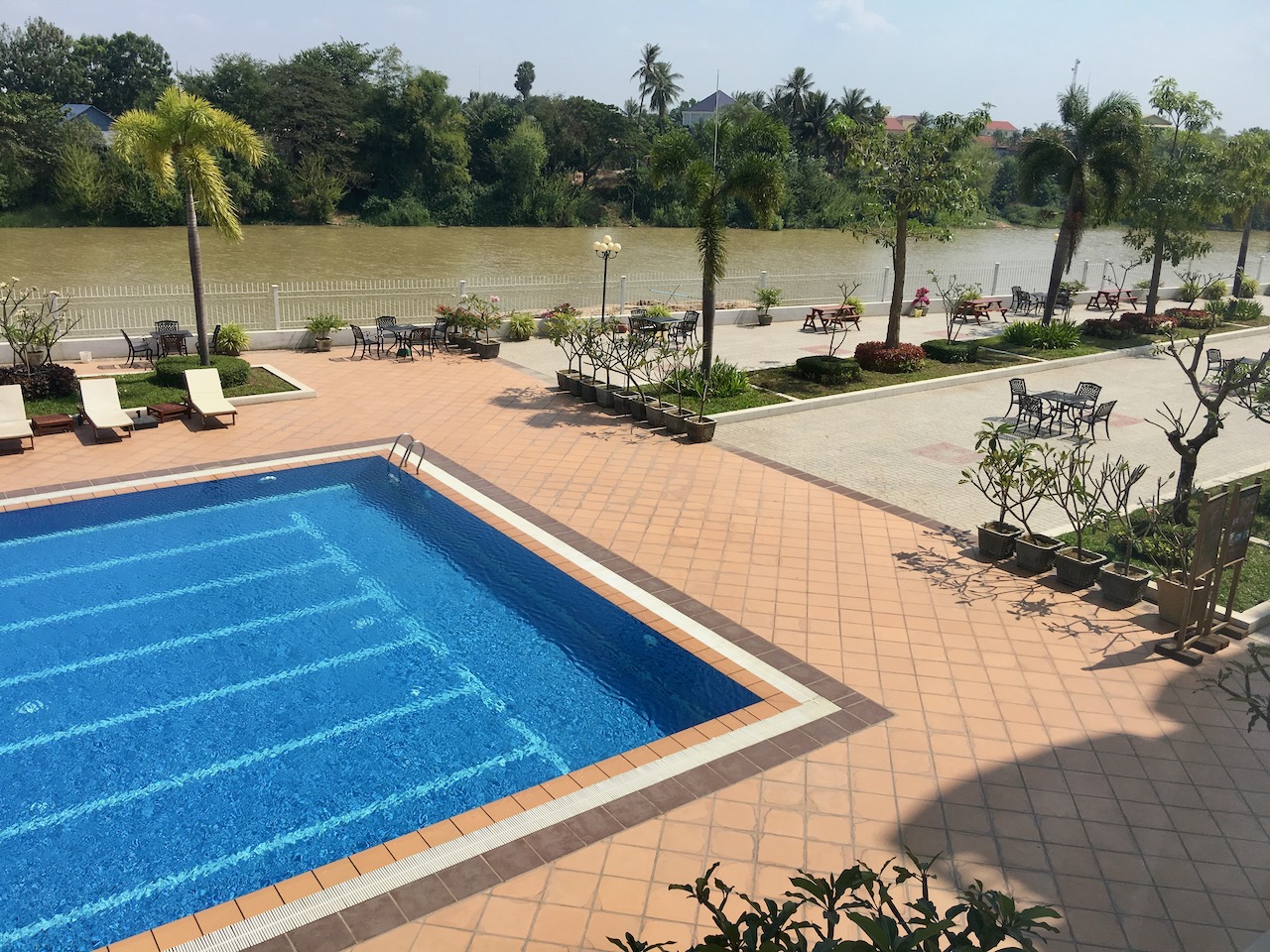 View from my room of the KM Hotel pool and the Pursat River